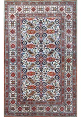 4'5" x 7'2" Persian Qum Kork Rug | Geometric Allover | Ivory and Brick Red | 400 KPSI
