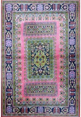Authentic 3'5 x 5'1 vintage Persian Qum kork wool rug full view with three panel composition on rose pink mille-fleur field
