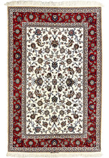 Full view of authentic hand-knotted Isfahan rug with allover floral design on ivory ground