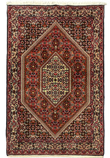 3x5 Persian Bijar rug full view with hexagonal ivory medallion on rust red and navy field