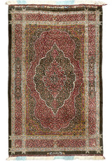 Full view of authentic hand-knotted Qum pure silk rug with thousand flower field on burgundy