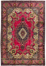 8x11 Persian Kerman rug full view, magenta field with navy medallion and ivory spandrels, authentic handmade wool on cotton