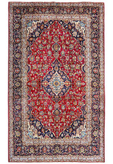 Persian Kashan rug full view, classic medallion and corner composition, hand-knotted wool on cotton for large dining room
