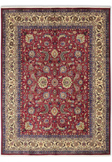 Signed Shash-Kalani Persian Mashad rug full view, 10 by 13 allover floral on red field, hand-knotted wool on cotton master workshop