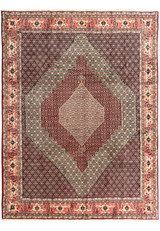 10x13 Persian Senneh rug full view, stepped diamond medallion with fine herati field on red and ivory, authentic handmade