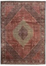 10x14 Persian Bijar rug with a dense Herati field and a stepped ivory and black diamond medallion.