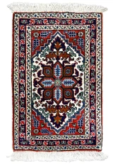 1x2 Persian Ardebil baby rug with stepped geometric medallion in red, ivory, and navy