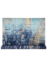 Oversized 14x18 modern abstract rug in shades of blue with gold mosaic patches, hand knotted wool and silk statement piece