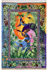 4'6 x 6'7 Persian Qum pure silk rug with tropical parrots and rainbow sunburst by Noruzi