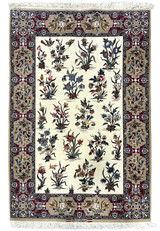 4x6 Persian Isfahan rug with ivory Gol-o-Bolbol field of flowers, birds and butterflies