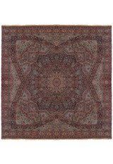 18x18 antique Persian Kerman square rug with navy field, star medallion and red border