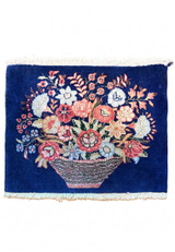 1x2 Persian Tabriz baby rug with pictorial flower basket bouquet on deep navy field