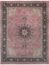 9'8" x 12'10" Persian Tabriz rug with rose pink field and navy floral border