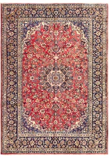 10x14 Persian Isfahan rug with red field, navy star medallion, ivory spandrels and navy palmette border