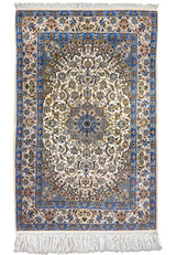 3'8 x 5'8 Persian Isfahan rug with ivory field, star medallion, pistachio spandrels and sky blue border