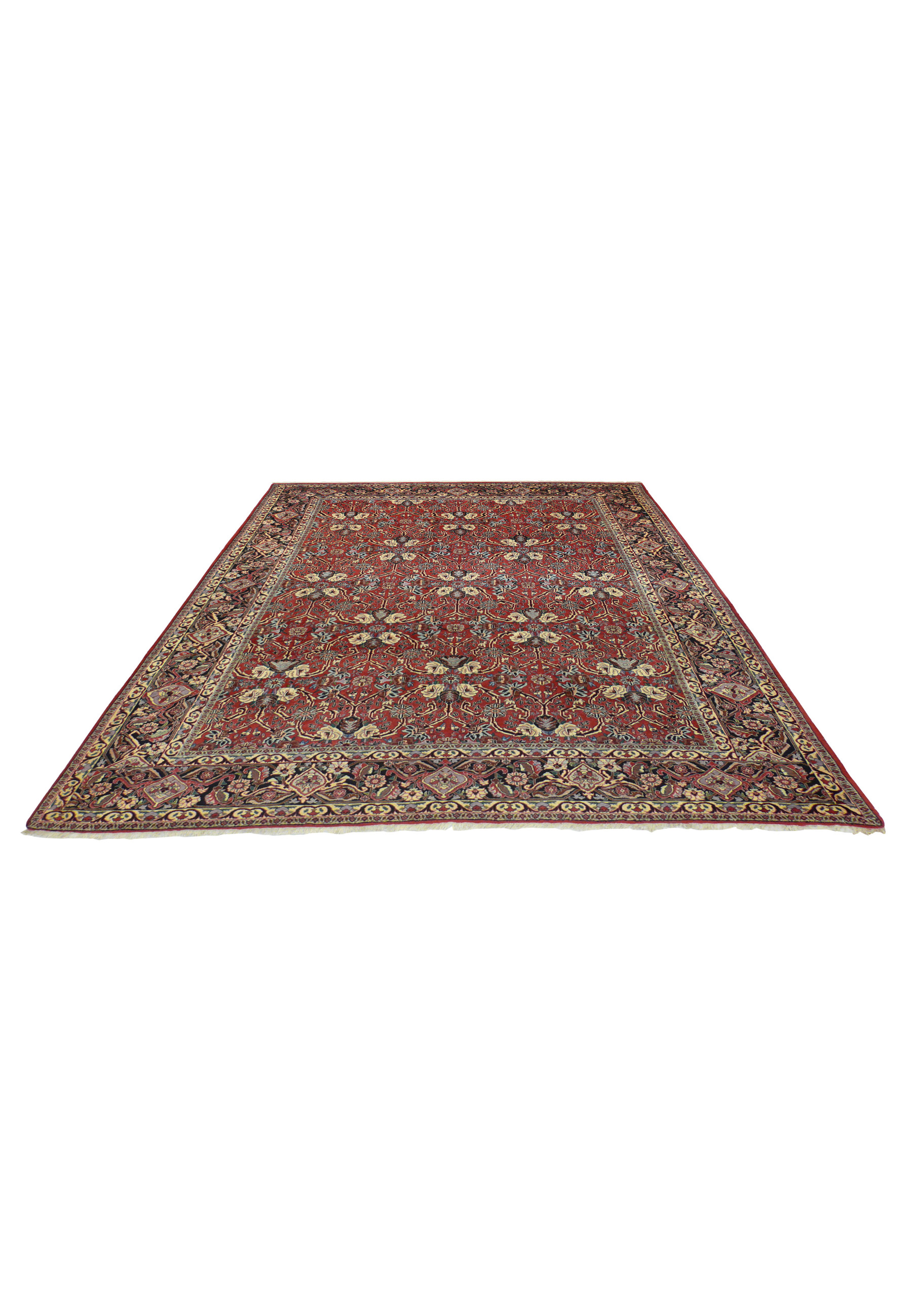 Laid down Bijar iron rug with deep red base, repeating ivory floral lattice, navy scrollwork, and decorative border