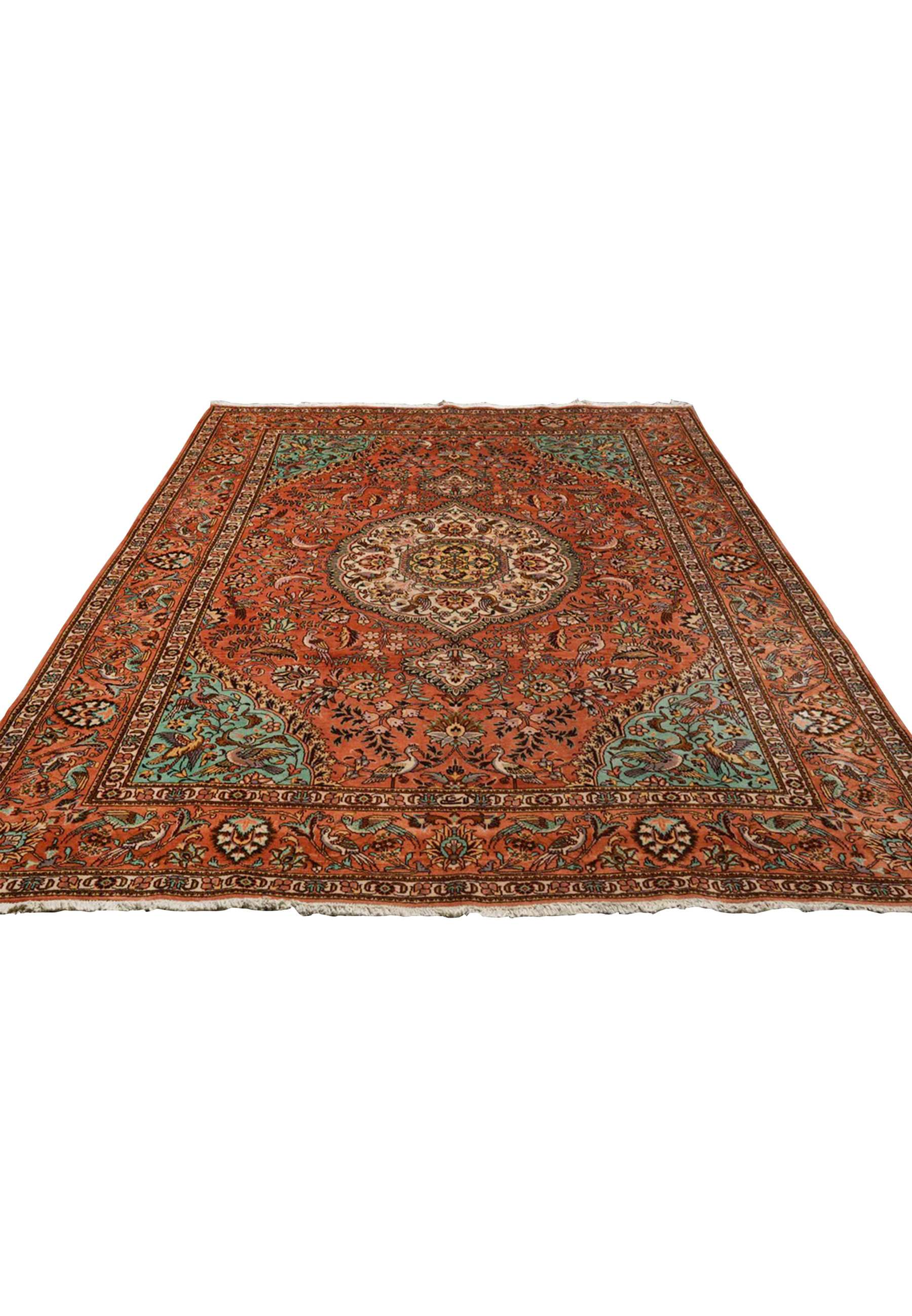 Top view of an 8'2 x 11'2 Paradies Persian Tabriz rug showing symmetrical garden design, ivory medallion, and surrounding bird motifs