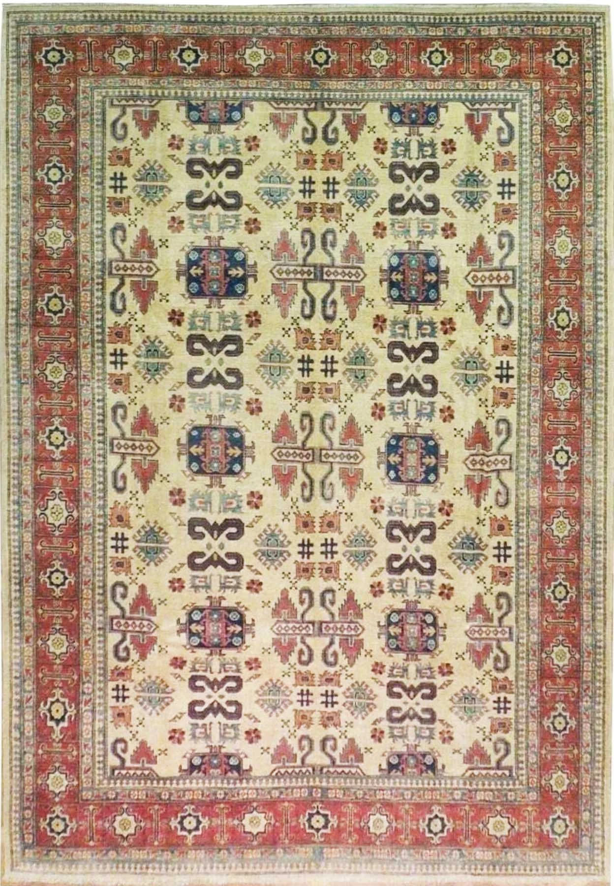 9 x 14 Caucasian Kazak Rug | All-Over Geometric Design | Thin Pile