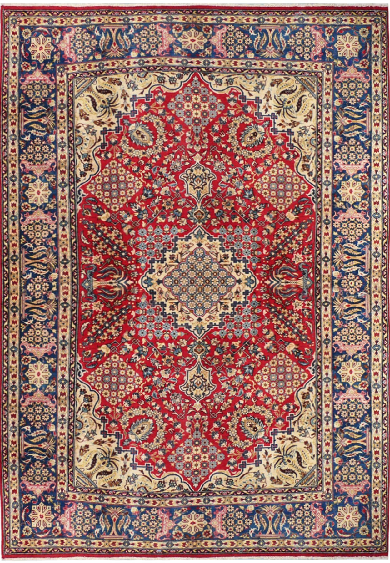 8'6" x 13'5" Persian Isfahan rug with tomato red field, ivory spandrels and royal blue border