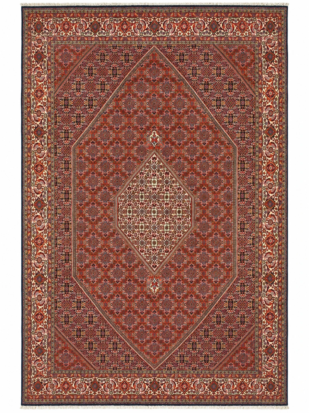 8 x 12 Persian Bijar rug, rust red mahi lozenge on navy with an ivory center medallion
