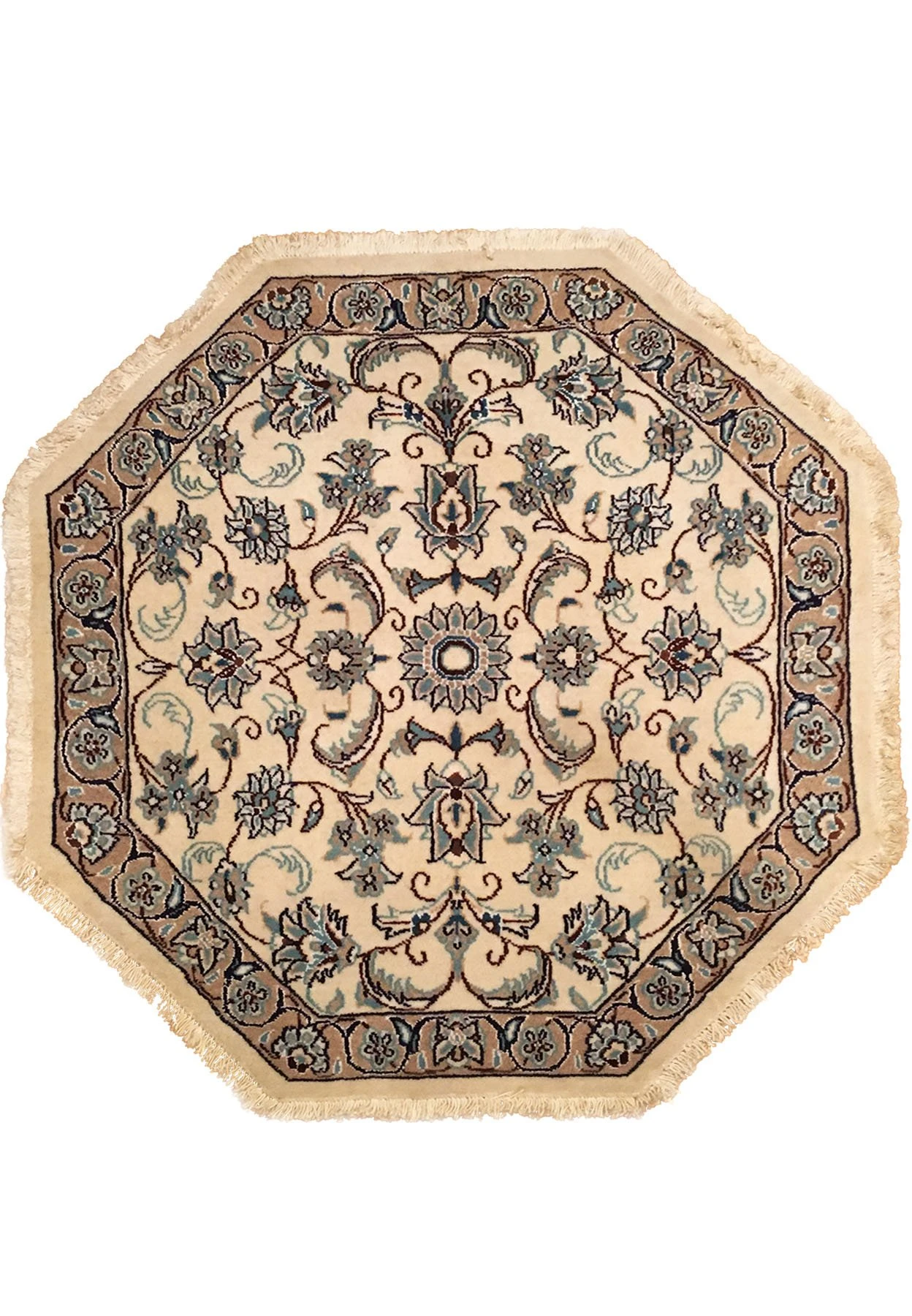3'4 x 3'4 Persian Nain octagon rug with ivory ground, teal and burgundy floral drawing
