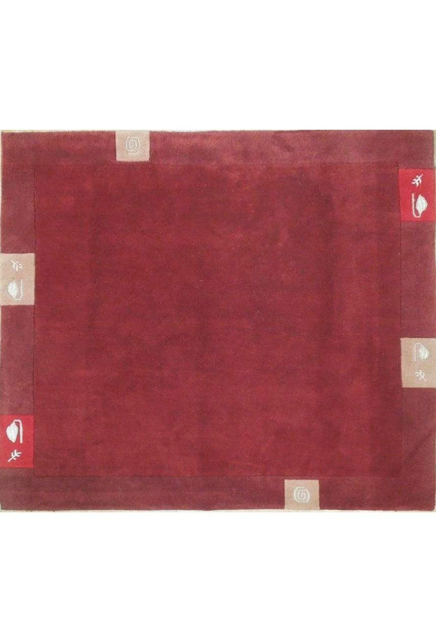 6'6" x 6'6" square modern Tibetan rug in deep red with carved beige and red leaf motifs