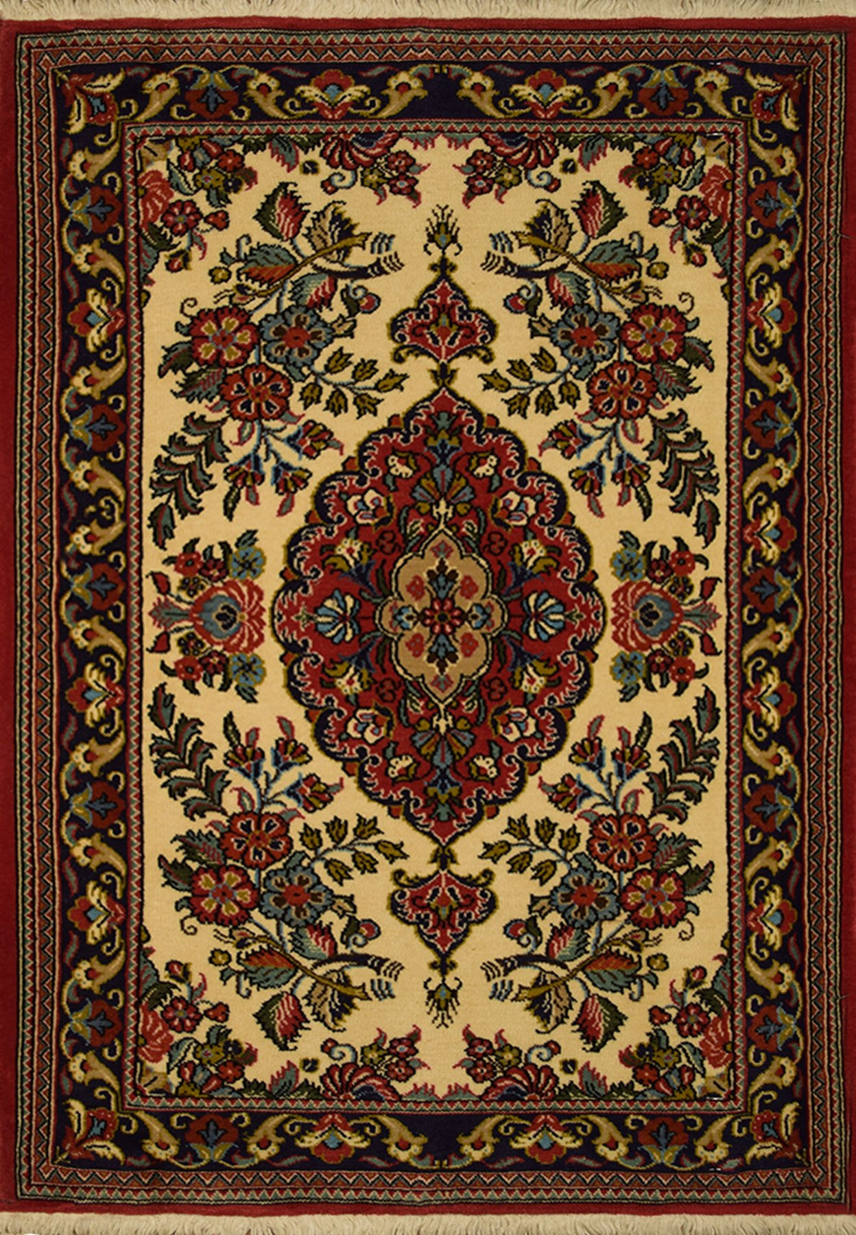 Overall view of the 2'5" x 3'5" Persian Qum Kork Rug, showcasing its fine craftsmanship and detailed patterns