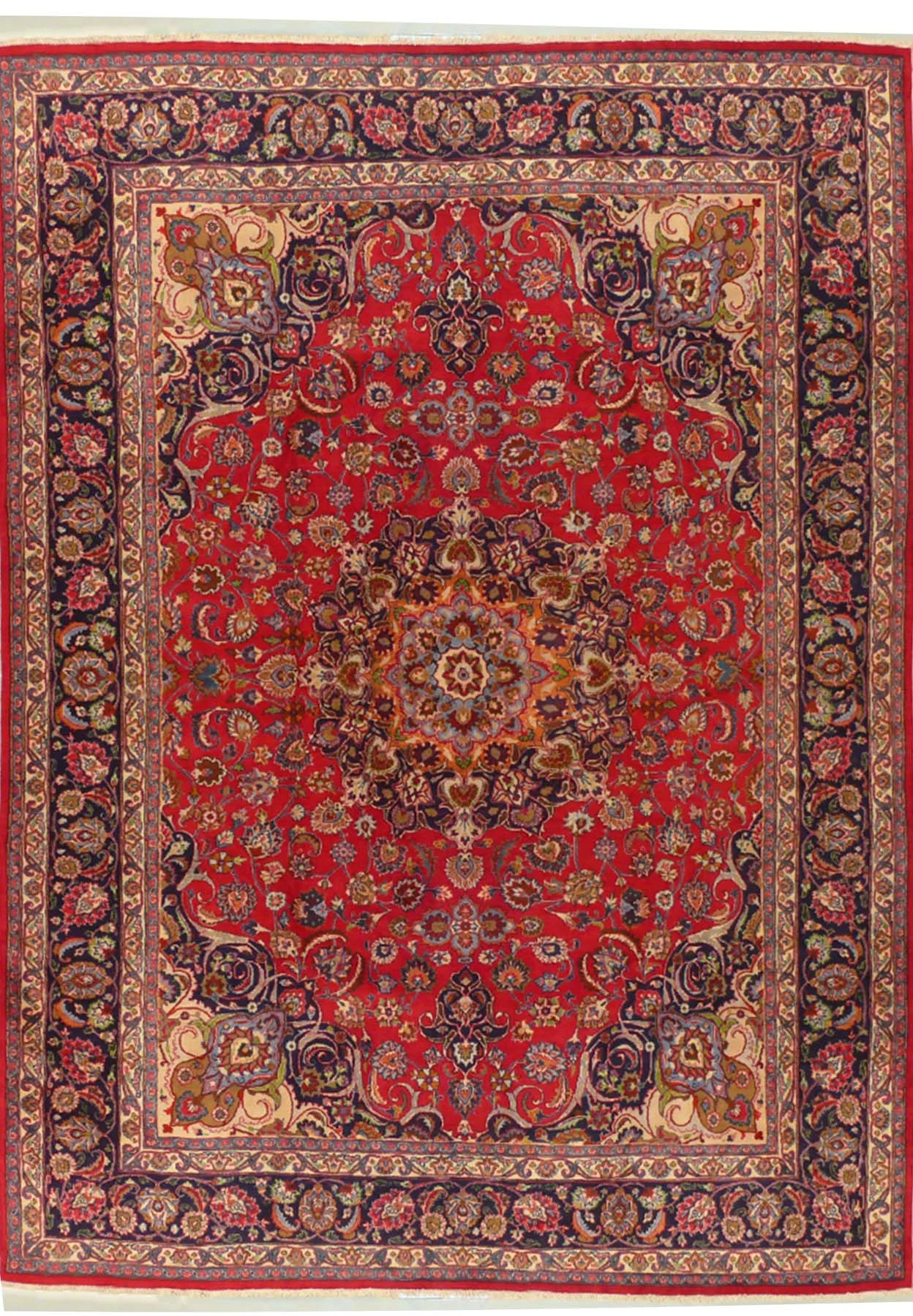 9'5" x 13'5" Persian Mashad rug with red floral field, central medallion and navy border