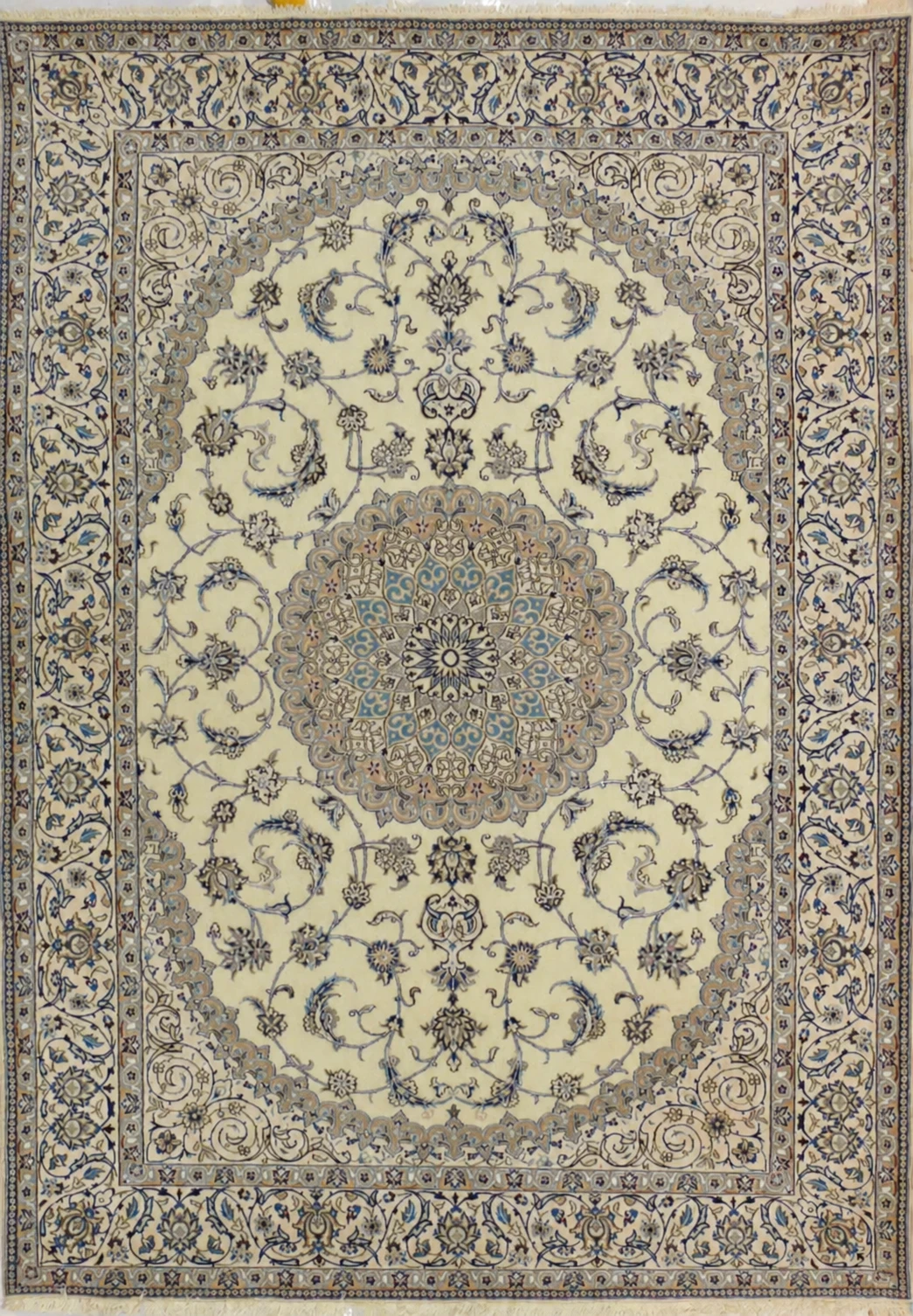 6'5" x 9'9" Persian Nain 9 La rug with ivory field, sky blue rosette medallion and navy vines