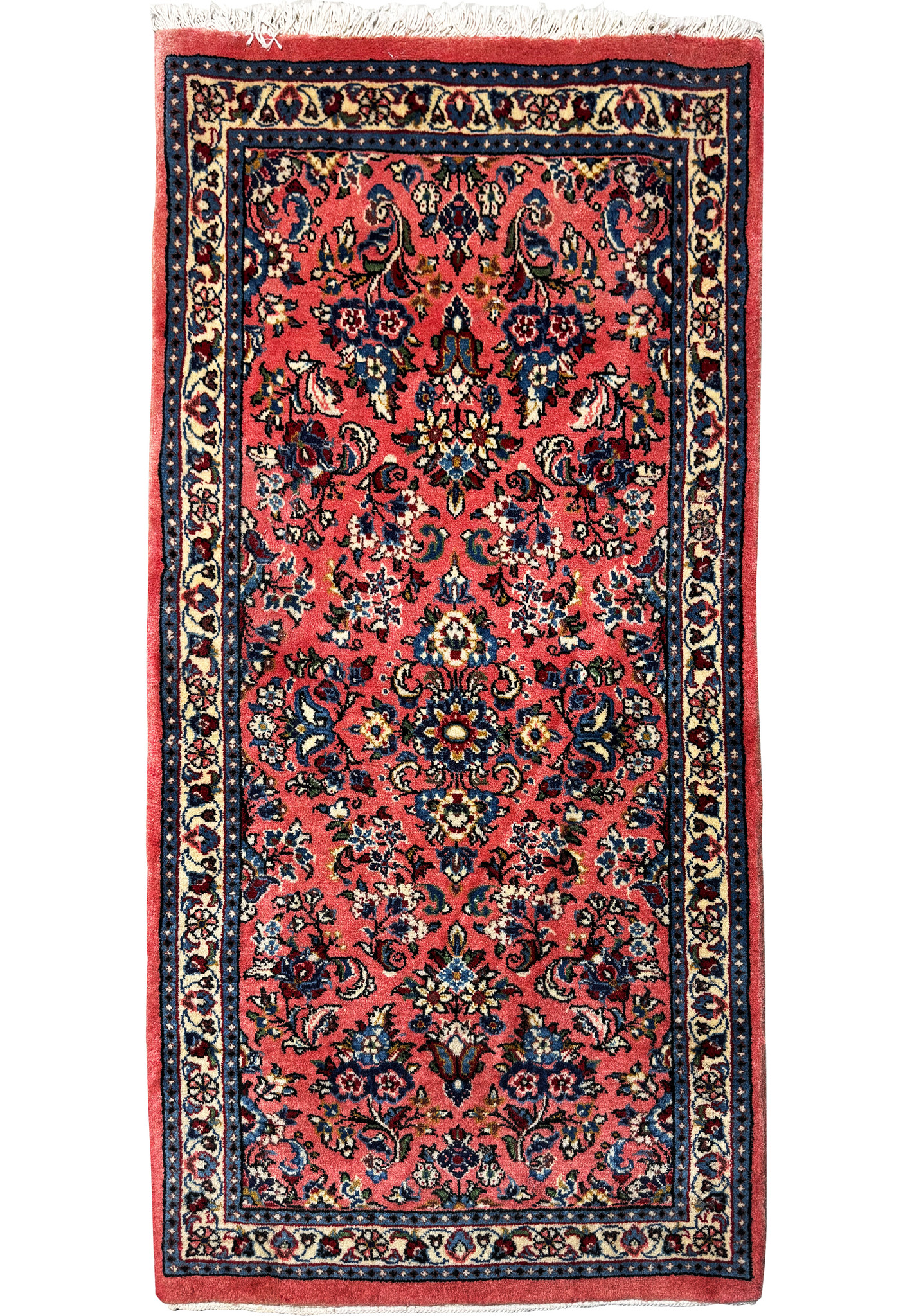 Elegant 2'2 x 4'4 Persian Sarough rug with intricate floral patterns in rich shades of red, navy blue, and cream against a warm red background, showcasing the detailed craftsmanship