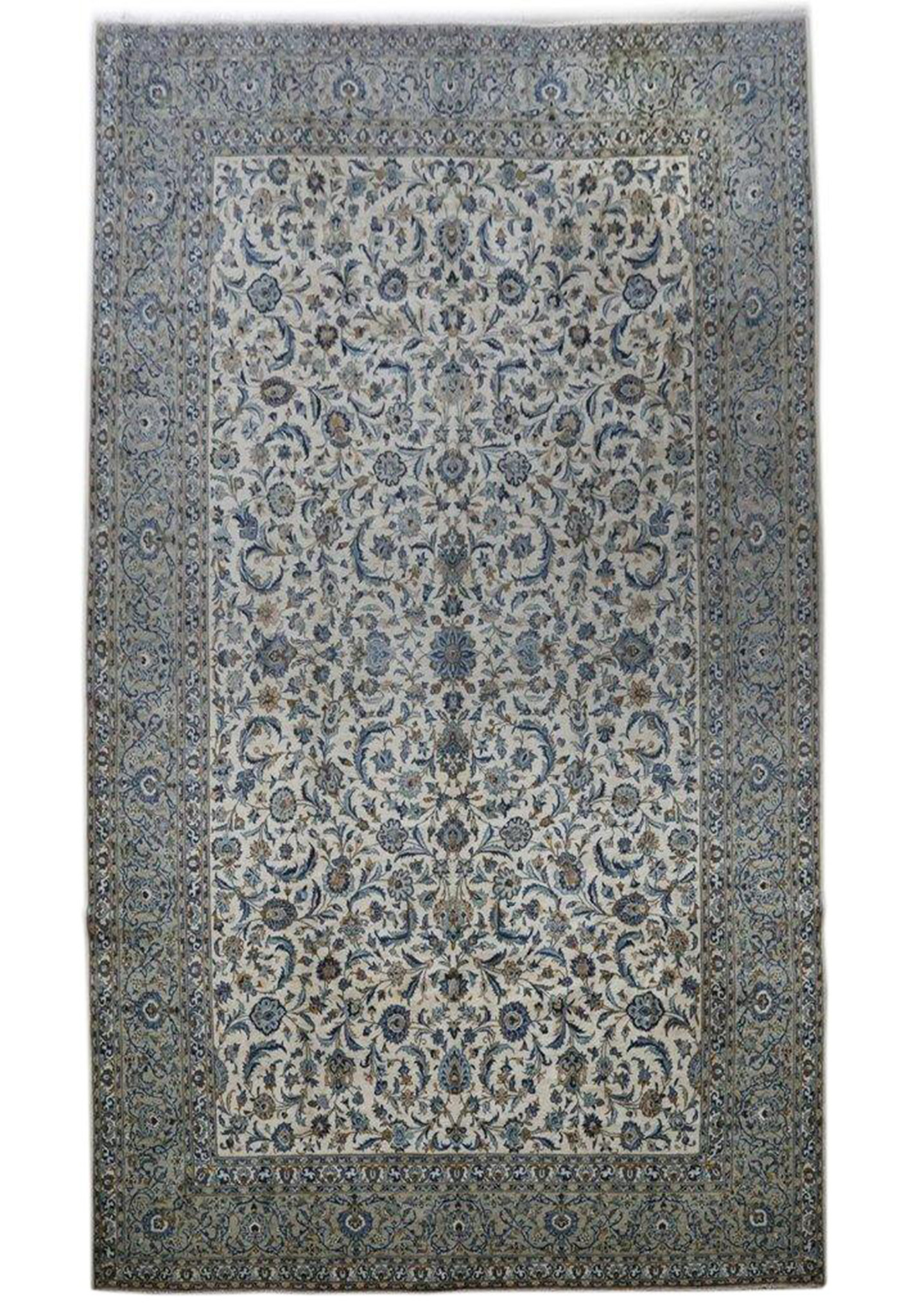 Majestic allure! Our Ivory Blue 11' x 18' Persian Signed Shadsar Kashan Rug displayed in full, showcasing its expansive size and captivating blend of hues.