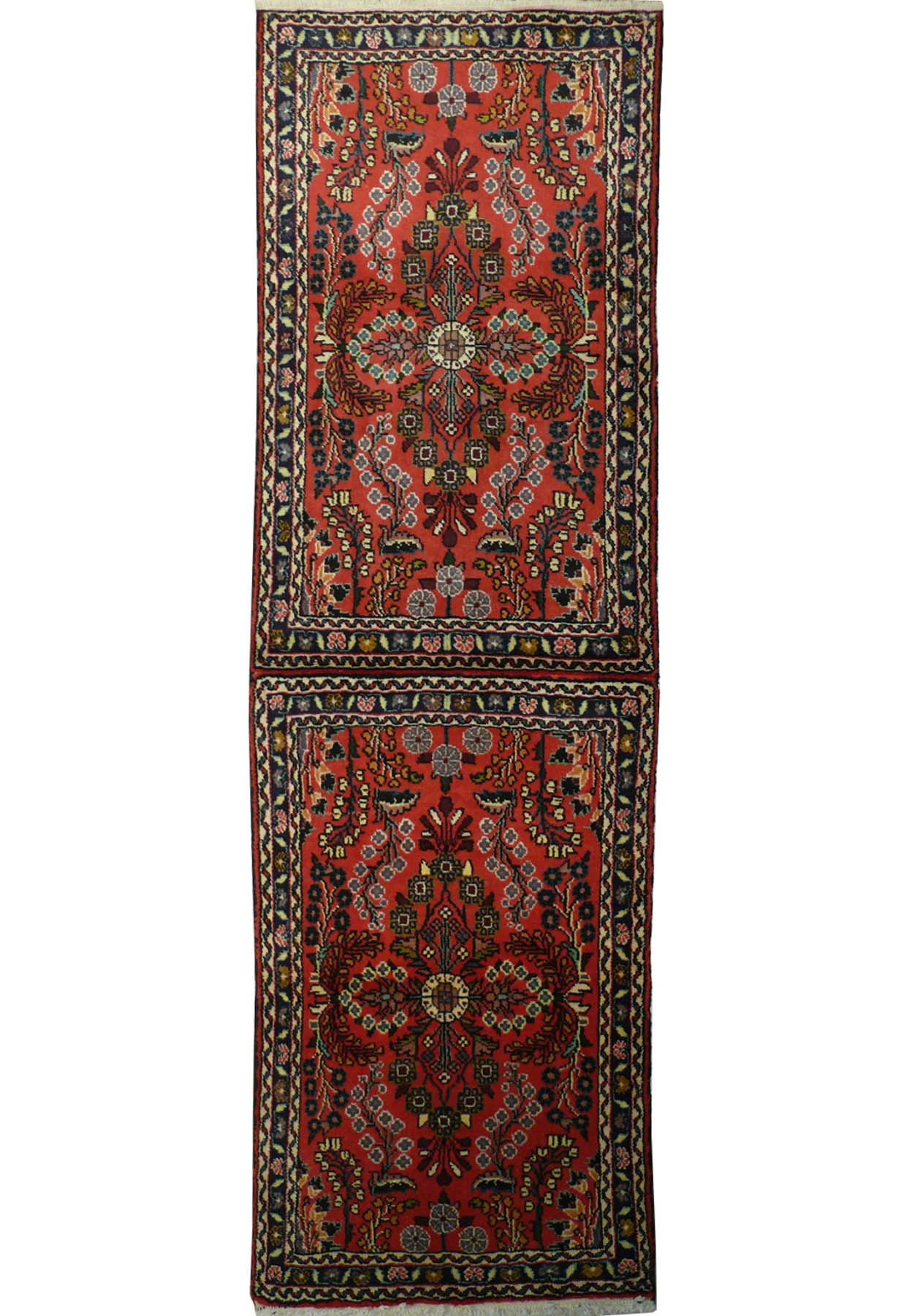 Full-length view of a Persian Darjazin runner rug with a deep red central field bordered by intricate guard borders.