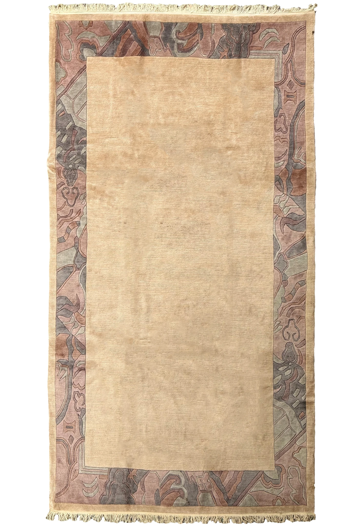 Top-down view of a 7x13 Modern Royal Tibetan beige rug with detailed patterned border.