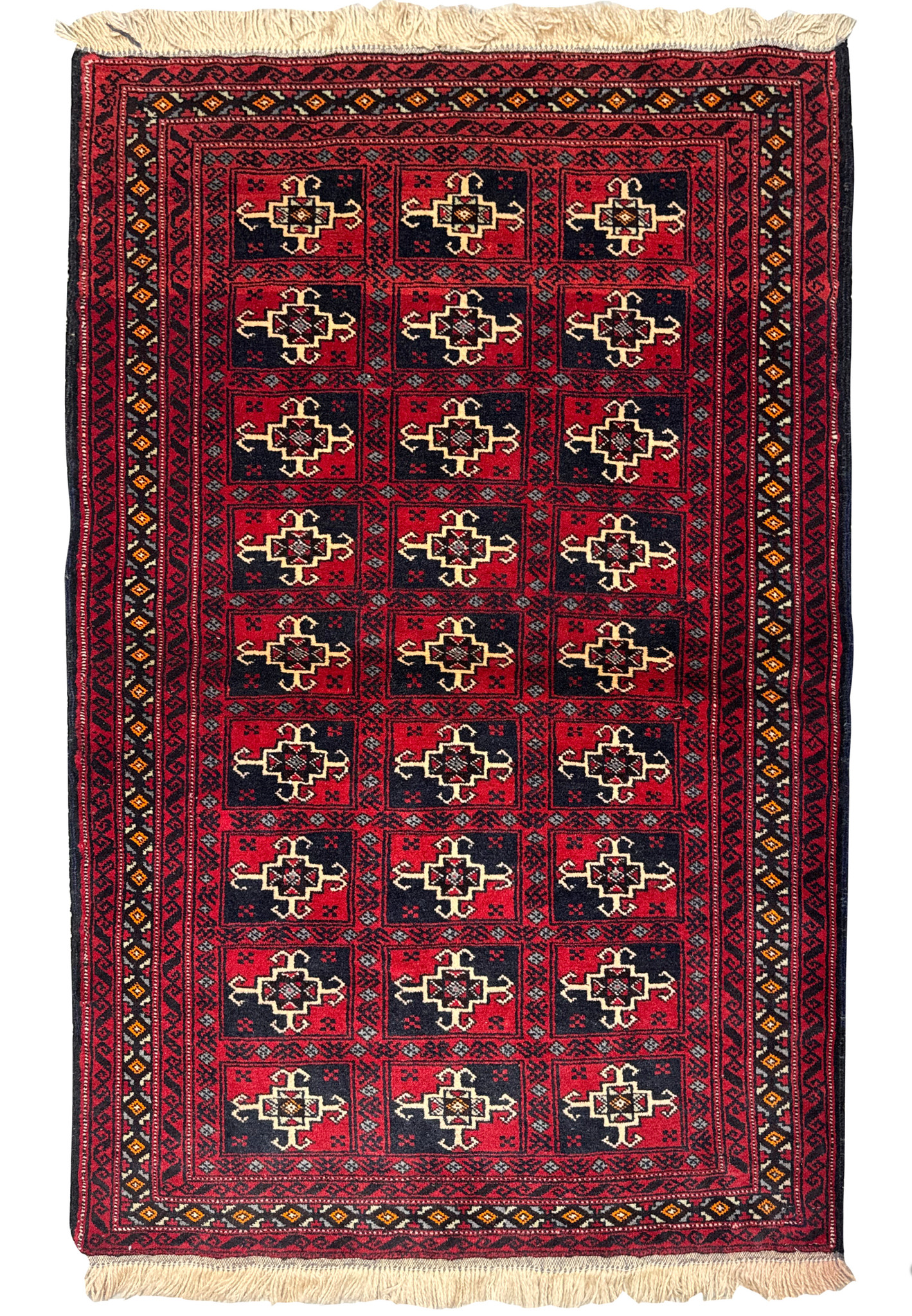 Full view of a 3 x 4'8 Persian Baluch Rug displayed against a white background. The rug showcases traditional motifs in a deep red and black color scheme, with a fringe on the top end.
