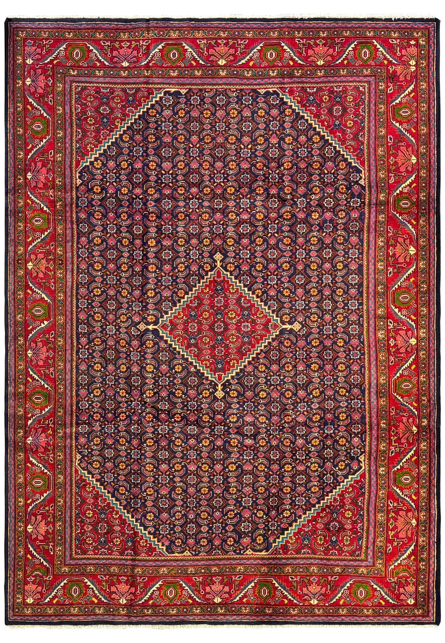 Top view of a 9'3 x 12'9 Persian Mahal Rug showcasing intricate floral and geometric patterns in rich navy and red colors. The central field features a complex array of floral motifs set against a dark navy background, while the vibrant red border is adorned with detailed geometric and botanical designs. The craftsmanship is highlighted by the harmonious balance of colors, creating a visually striking and elegant piece suitable for any sophisticated interior.
