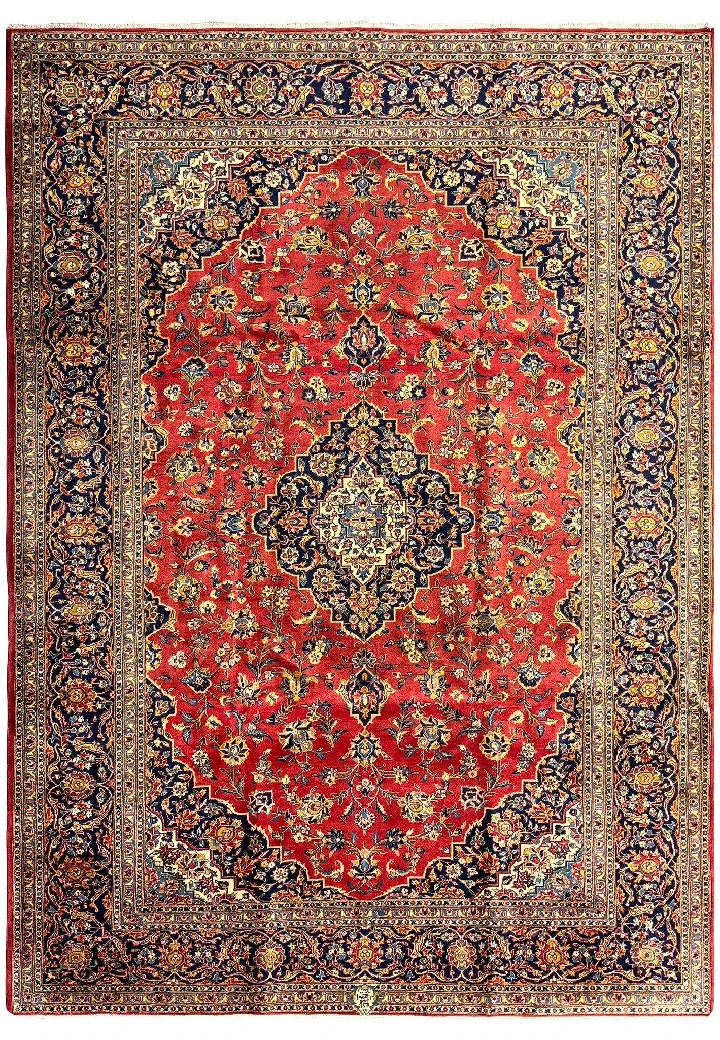 Close-up view of a beautiful 9'2" x 12'5" Persian Kashan rug, showcasing its vibrant red field adorned with intricate floral patterns and a central medallion. The rug features a rich palette of blues, golds, and ivory, highlighting the detailed craftsmanship and high knot density typical of Kashan rugs. The ornate border complements the central design, adding depth and elegance. This image captures the exquisite details that make this Persian rug a stunning piece of home decor.