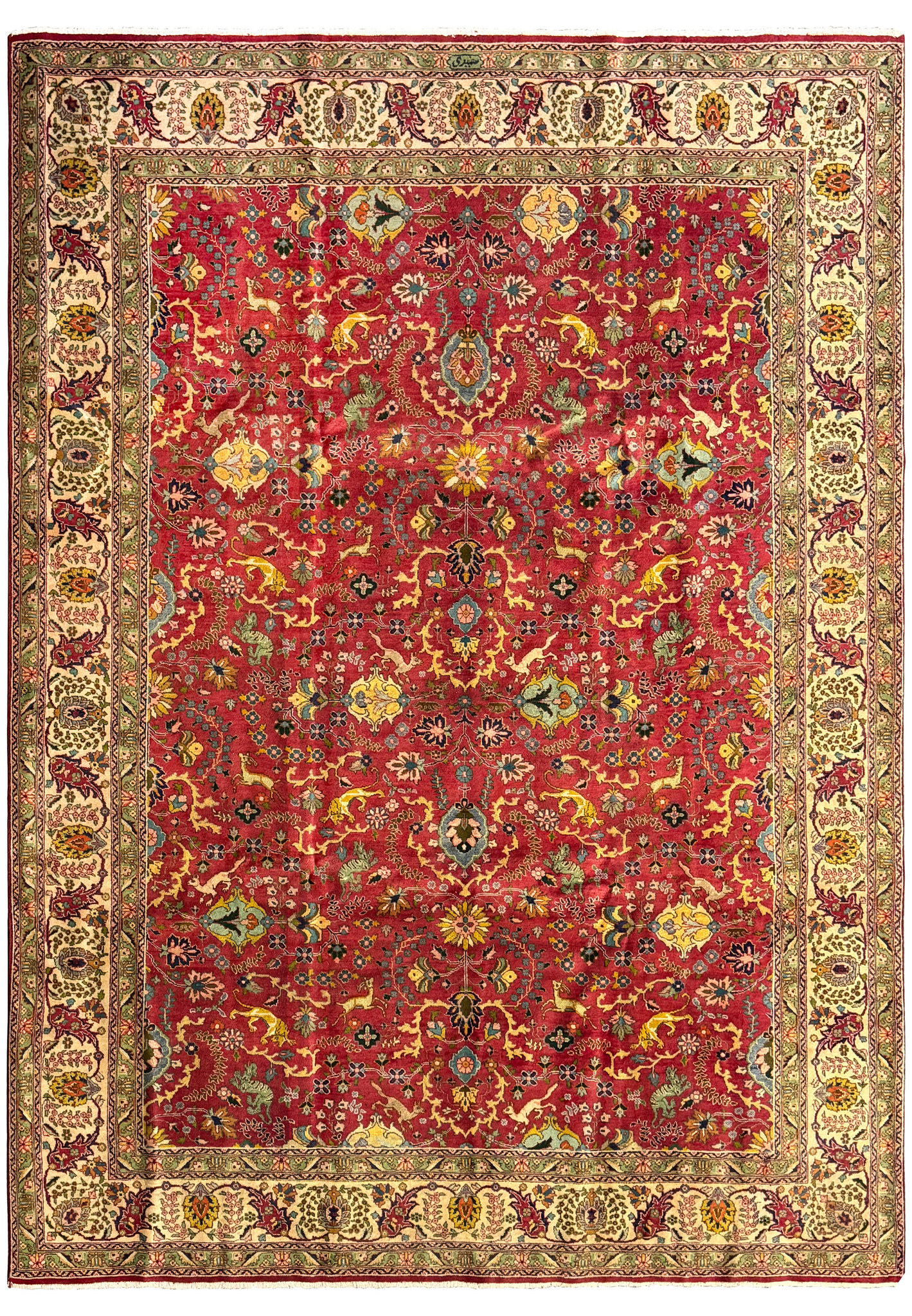 9'6 x 13 Persian Tabriz Rug featuring a vibrant red background adorned with intricate floral and animal motifs. The rug showcases traditional Persian designs with detailed patterns in beige, green, yellow, black, blue, and pink, making it a stunning centerpiece for any room. This handwoven masterpiece combines elegance and craftsmanship, ensuring durability and timeless beauty.