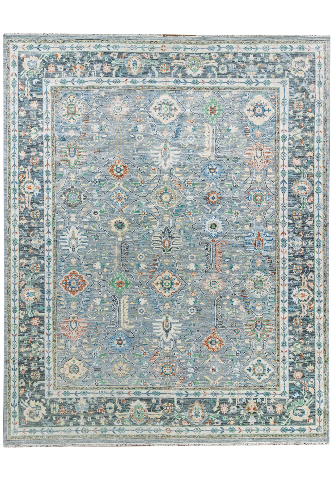 Full view of 12' x 15' Designer Gray Oushak Handmade Rug with intricate motifs