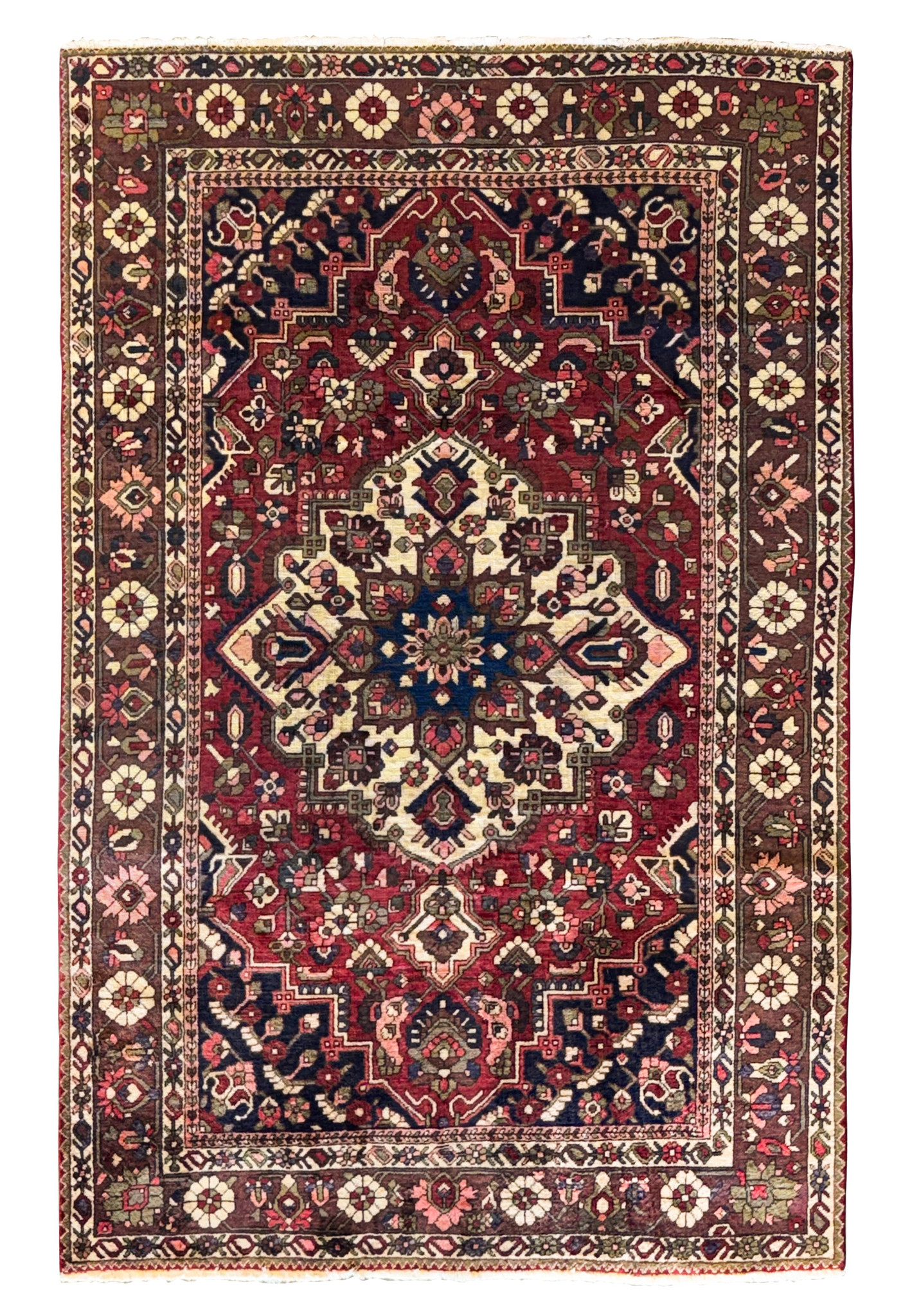 Full view of a 6'6" x 10' Persian Bakhtiar rug featuring a central medallion, geometric patterns, and floral motifs in rich red, navy blue, olive green, and ivory colors