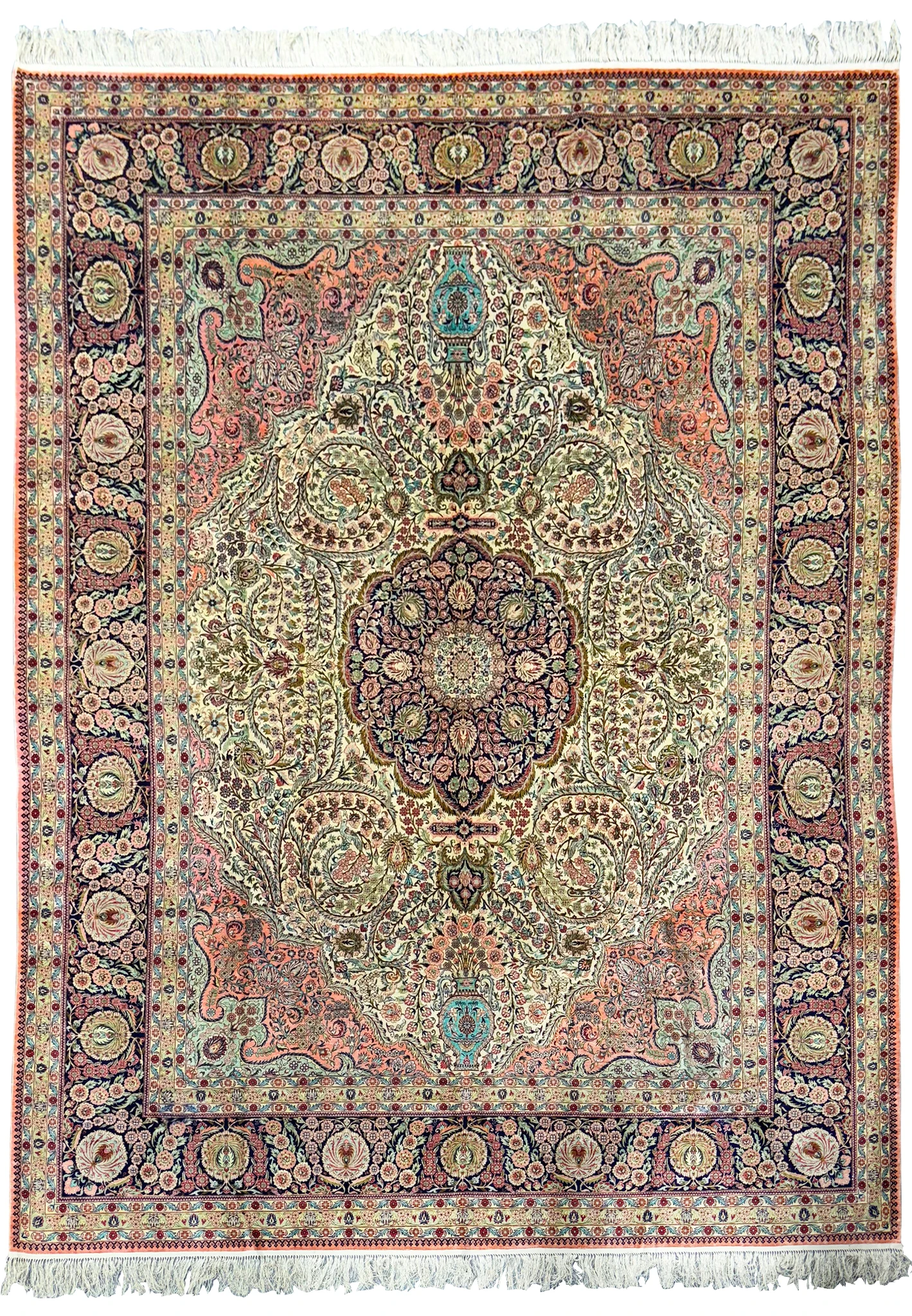 Full view of a 8x10 Persian Tabriz 100% silk rug with intricate floral and medallion design
