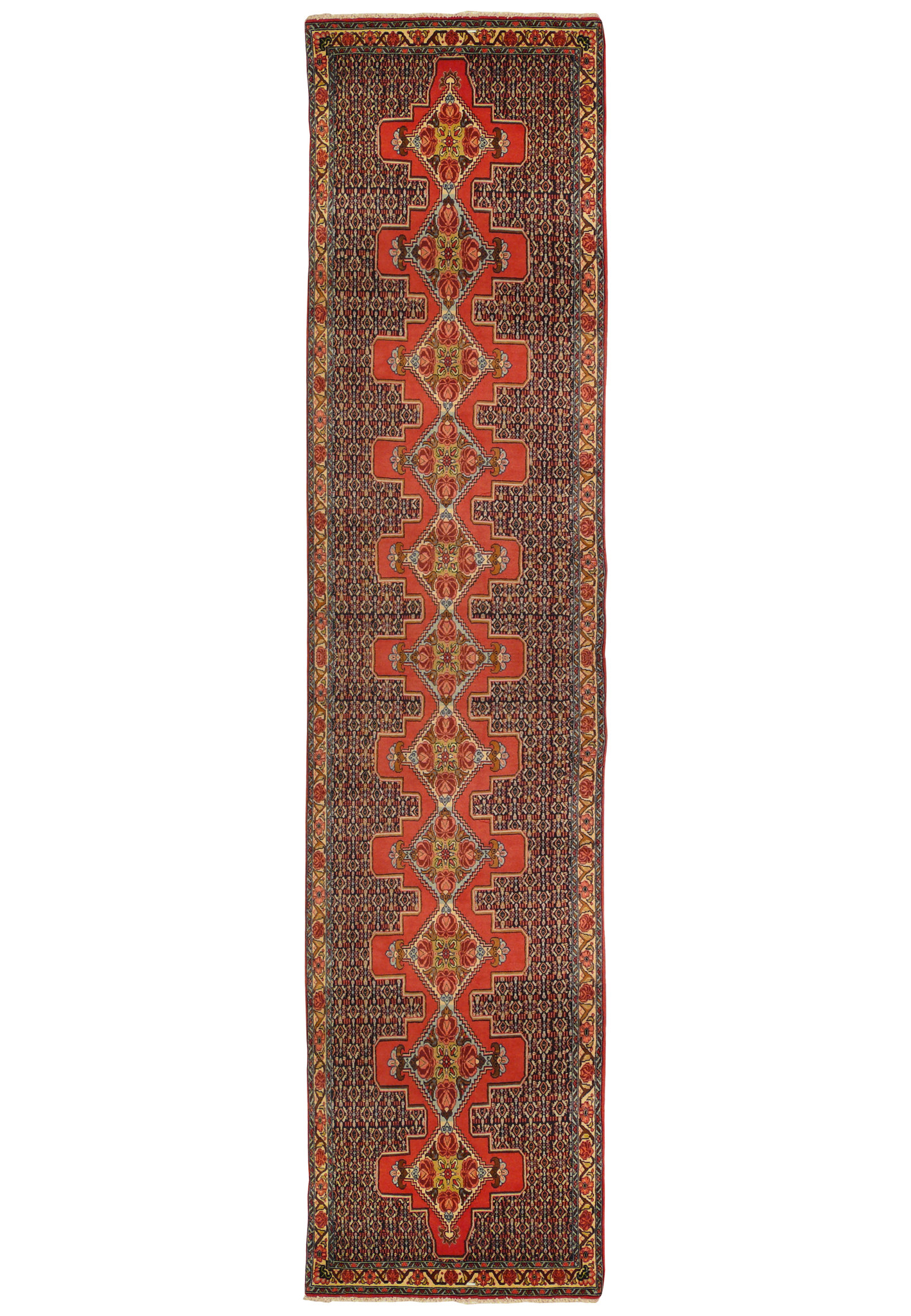 Full view of 3 x 13'3 Persian Senneh Runner showcasing intricate design and vibrant color