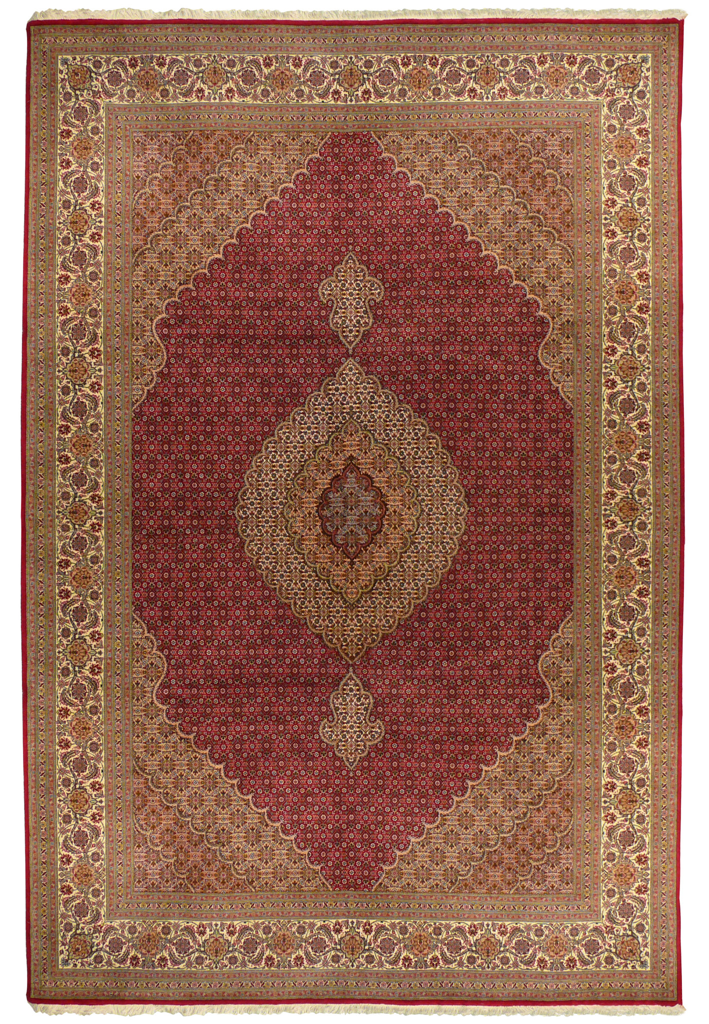 Full overview of the 6'8 x 10 Persian Tabriz Mahi Rug laid down, highlighting the central medallion and intricate motifs.