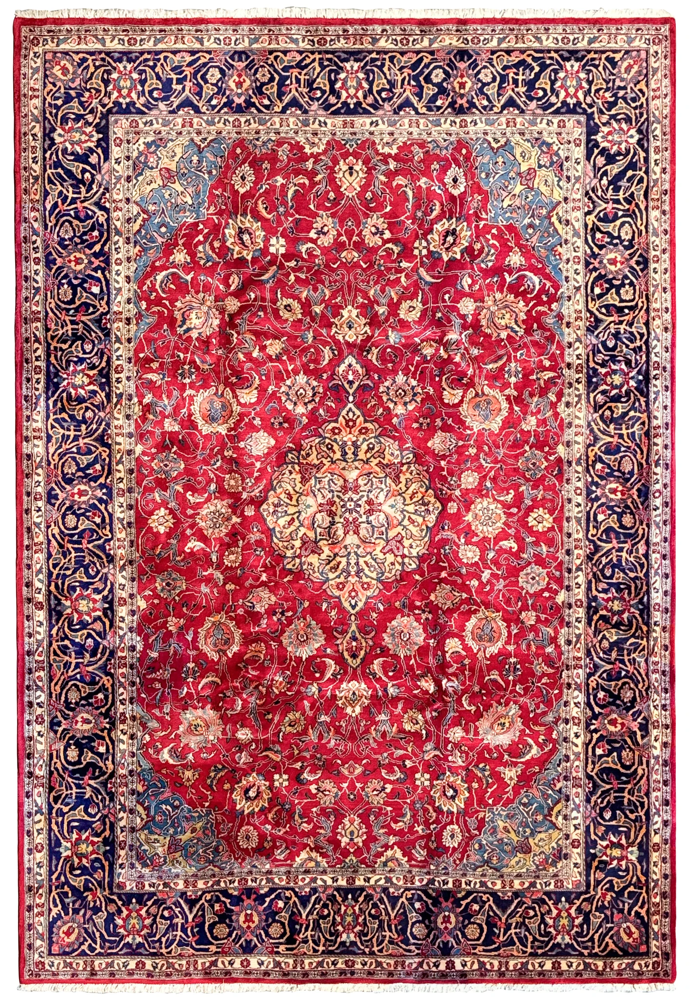 9 x 13 Persian Sarough Rug featuring intricate floral and geometric patterns in rich crimson red, navy blue, ivory, gold, and pastel blue hues