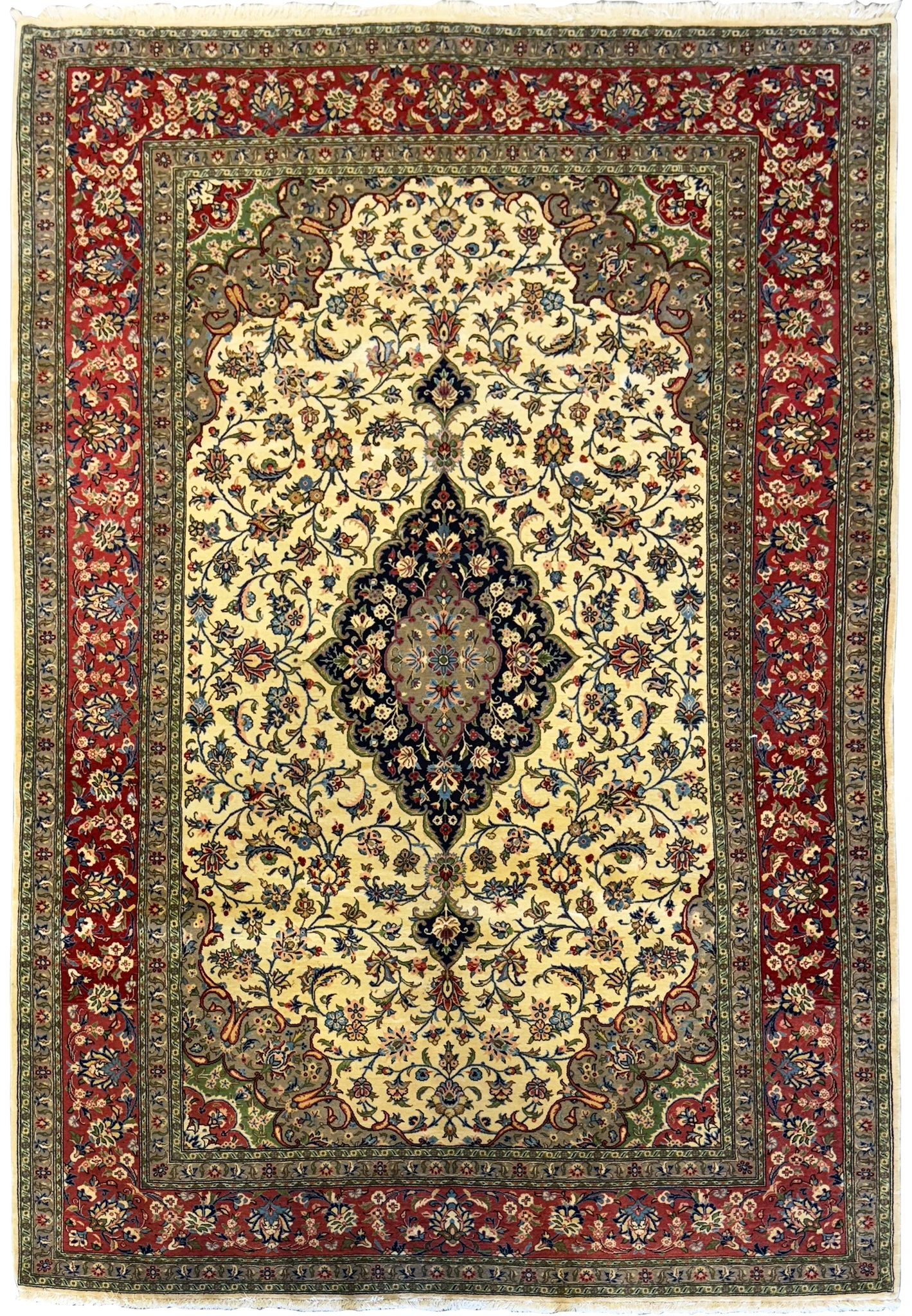 8'2 x 10'7 Persian Qum Kork & Silk Rug full view showcasing intricate design and vibrant colors