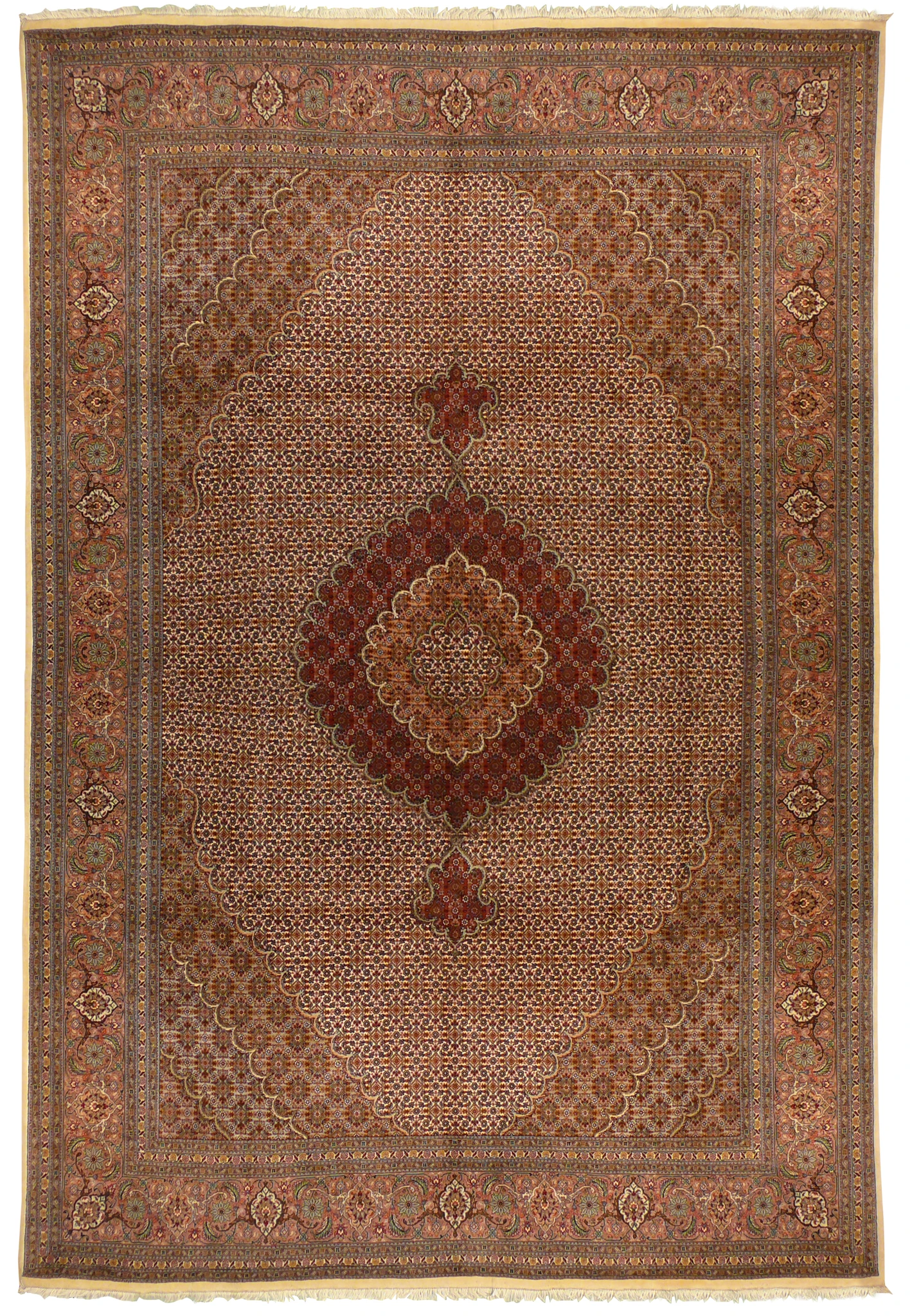 Full view of 6'6" x 9'9" Signed Tabriz Mahi Silk 50 Raj Rug showcasing intricate patterns and medallion design.