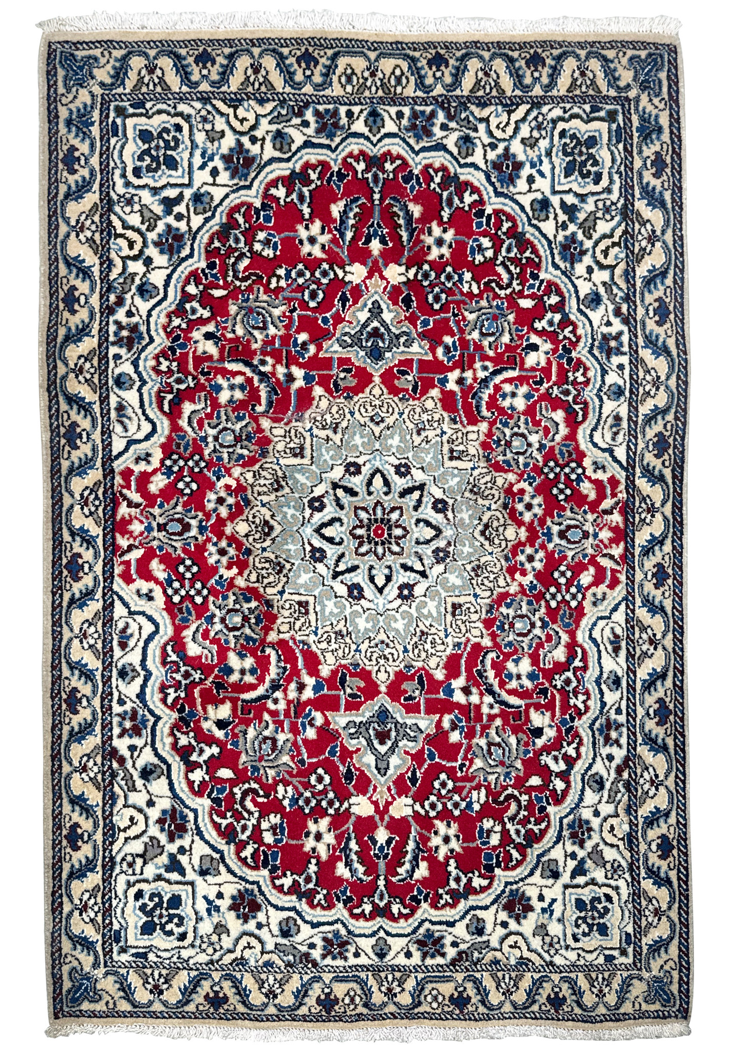 Full view of 3 x 4.6 Red Nain Persian Rug with intricate floral patterns and medallion design