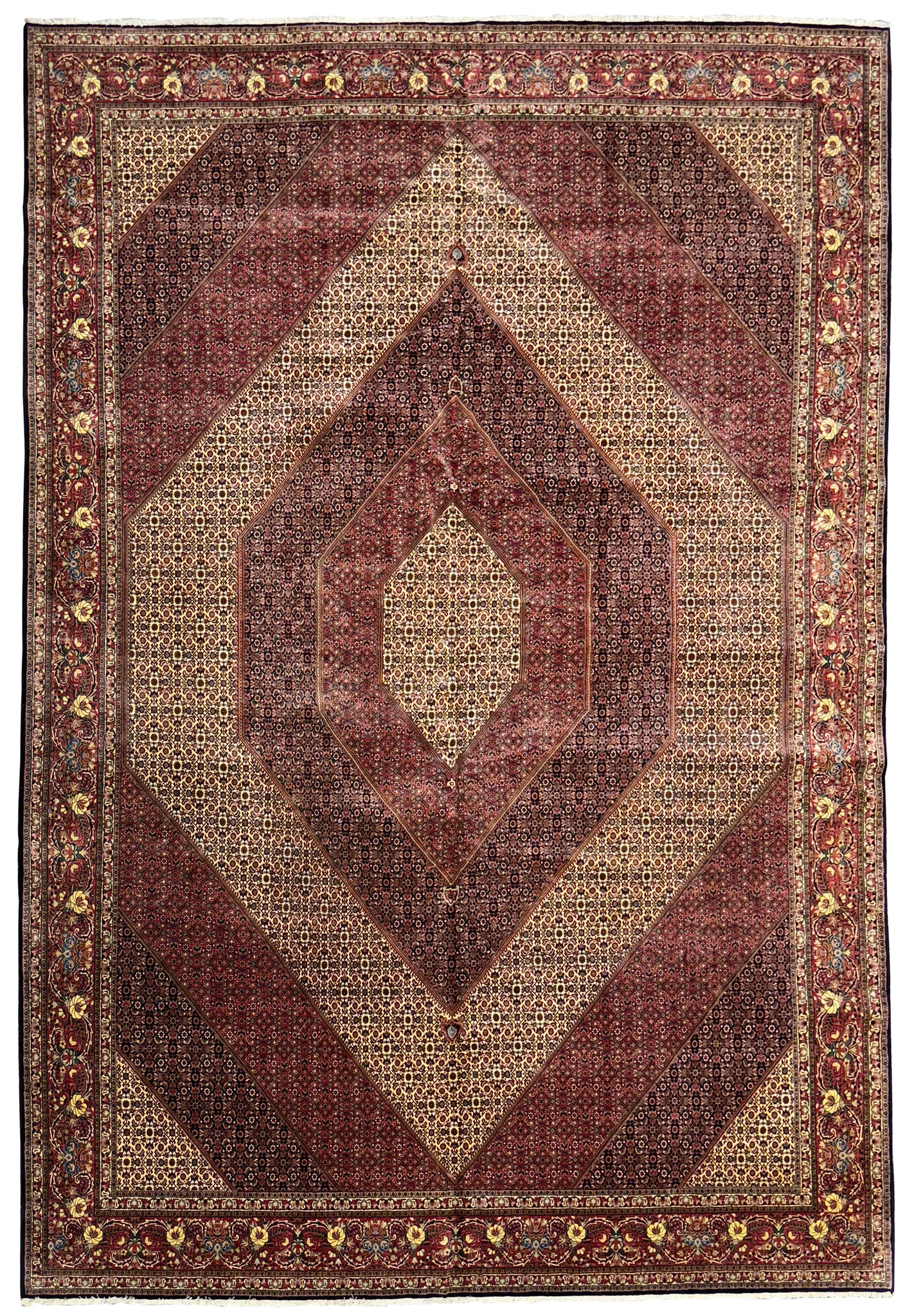 Full view of 13 x 20 Persian Bijar Rug showcasing intricate hexagonal medallion and floral motifs.
