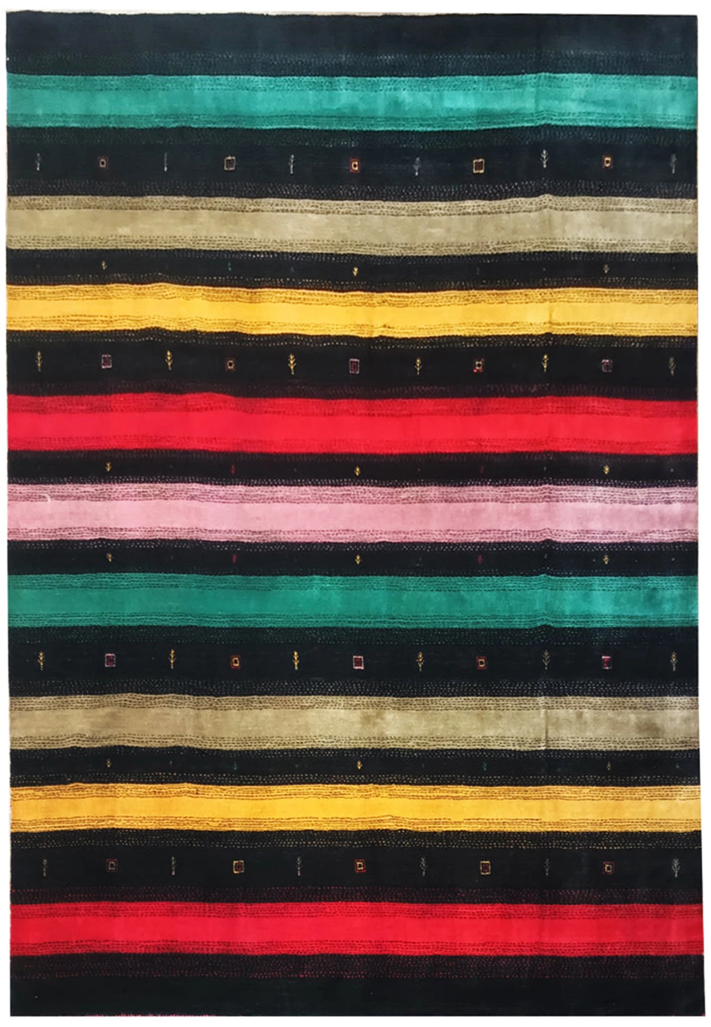 Full view of 8'3" x 9'11" colorful Gabbeh rug with vibrant stripes.