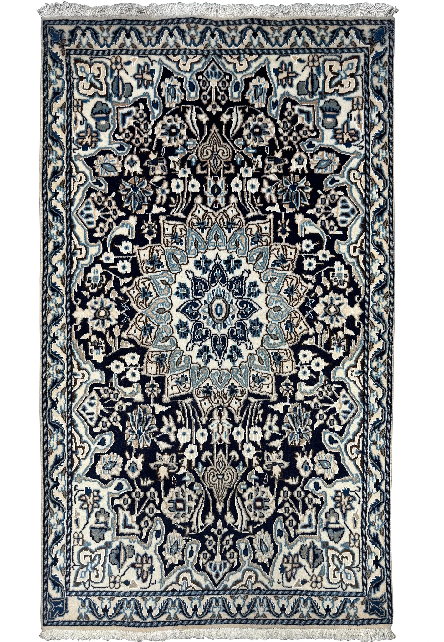 Full view of a 3x5 Nain Persian rug showcasing its intricate floral and geometric design