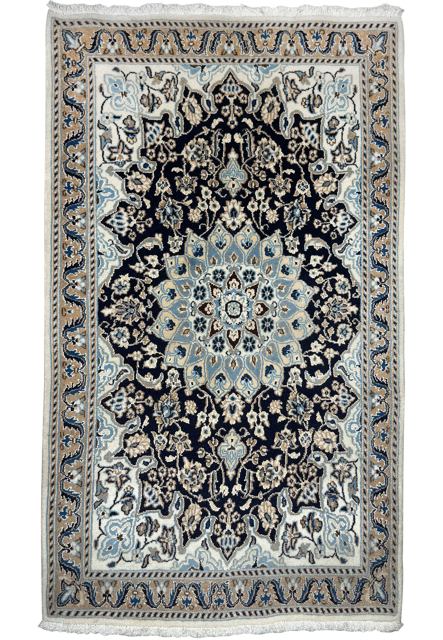 Full view of 2'11 x 5'1 Persian Nain rug with central medallion, deep navy blue background, and intricate floral patterns.